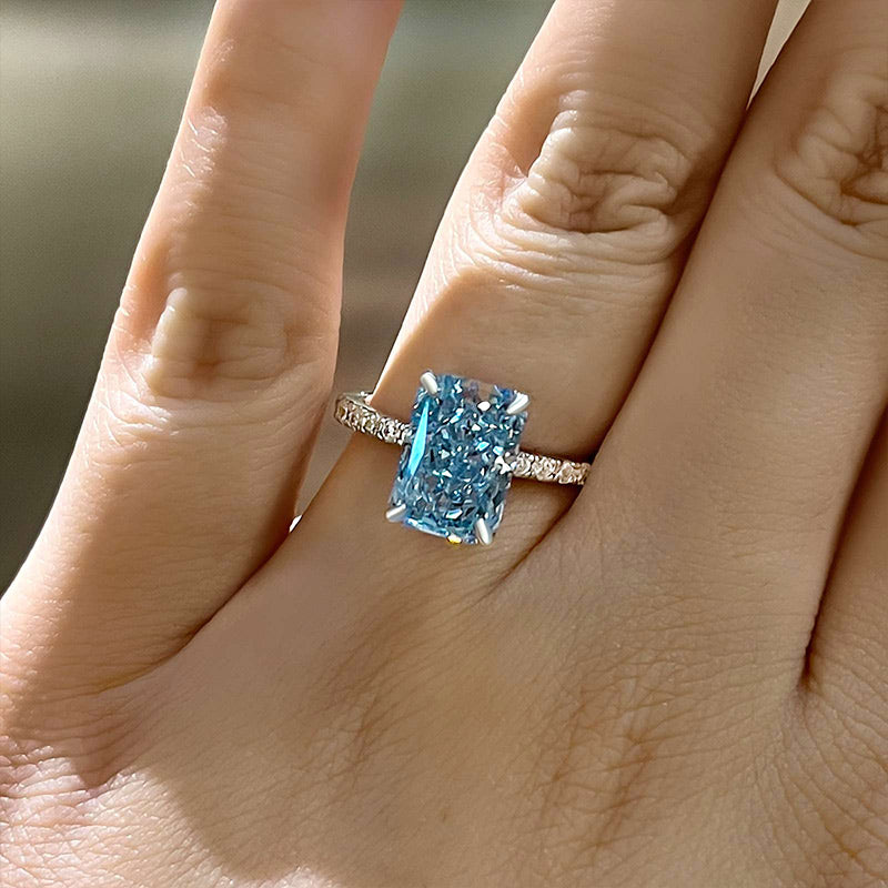 Light Aquamarine Blue Engagement Ring Emerald Cut Three Stone